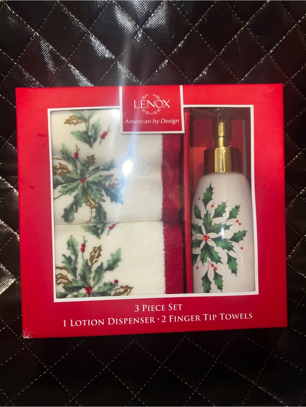 Lenox White, Green & Red Holly Lotion Dispenser and Towel Set